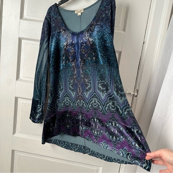 ONE WORLD Velvet Burnout Tunic Top Boho Whimsygoth Y2K Fairy Blue Baroque 1X - Picture 8 of 17